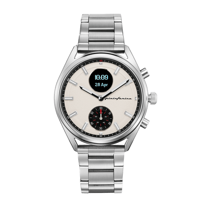 Pininfarina SINTESI – Silver case, white dial and beige strap – Steel metal band