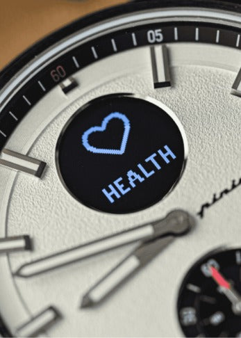 Smartwatch display showing a heart icon and 'HEALTH' text on a white background